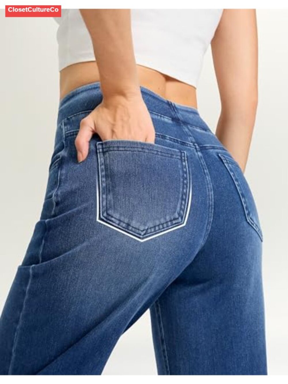 Wide Leg Jeans High Waisted Pull On Stretchy Denim Pants - Picture 4 of 6
